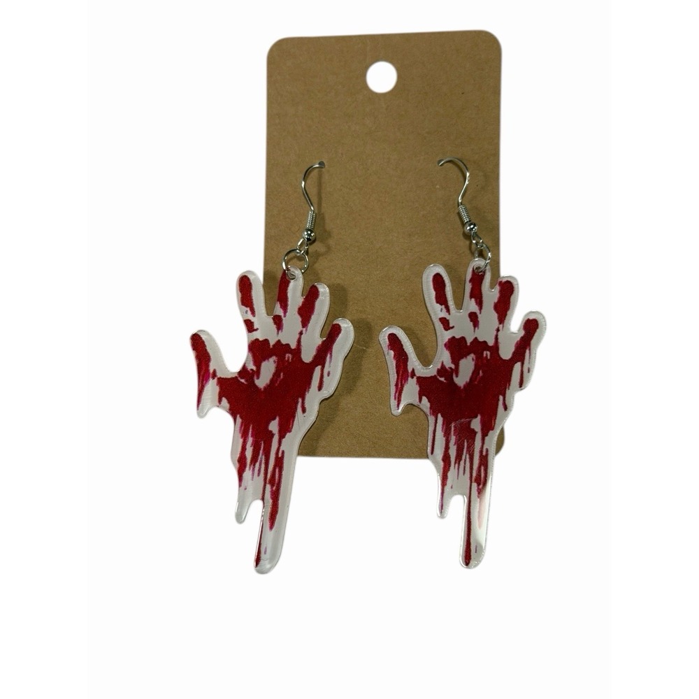 Bloody Handprint Acrylic Drop Earrings Horror‎ Halloween Goth Slasher Red White